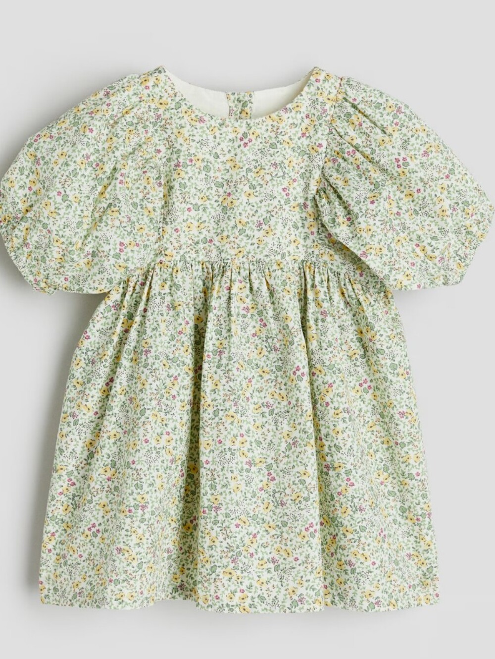 H&M Girls Floral Puff-Sleeve Dress in Soft Green